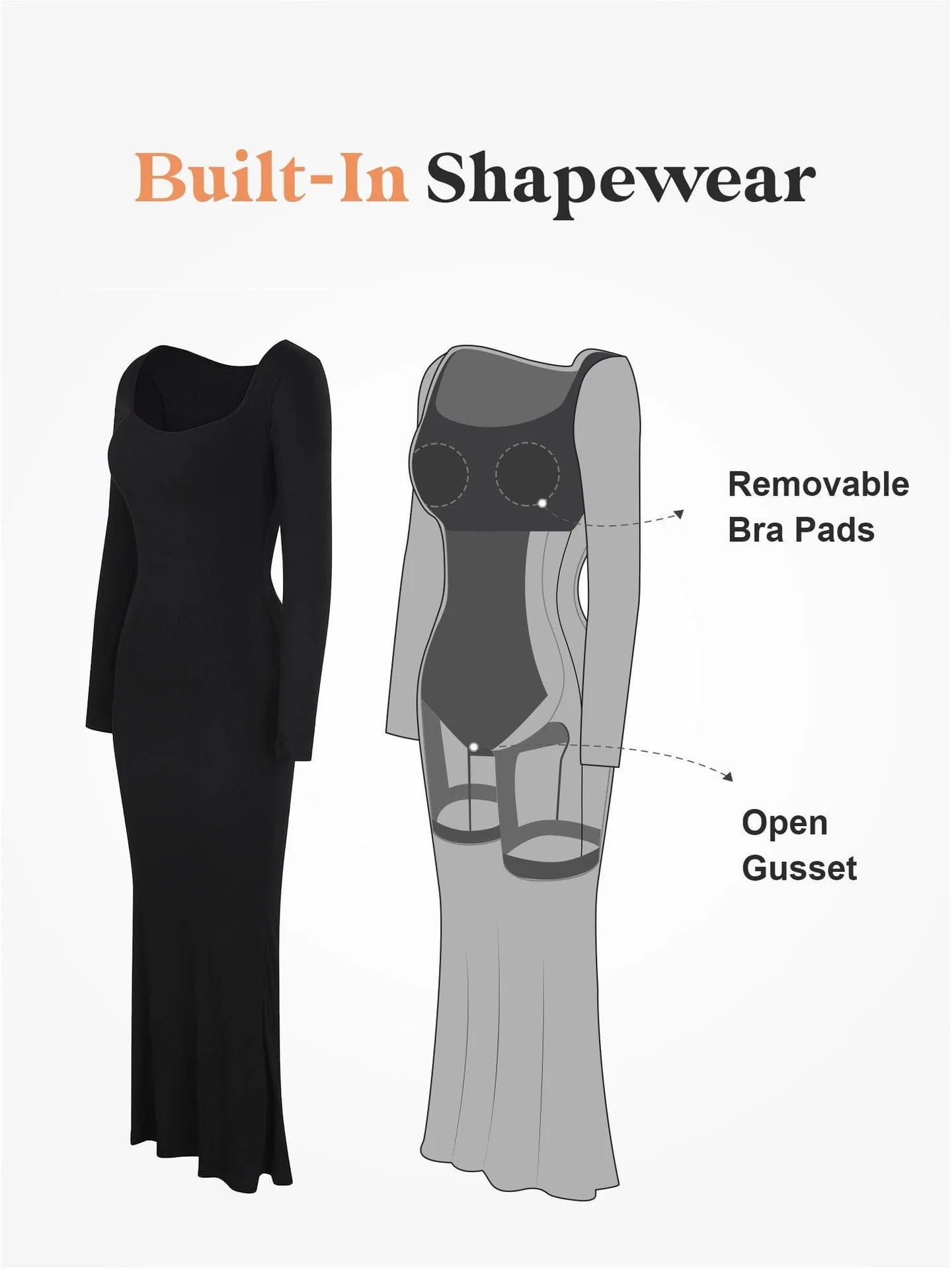 Built-in Shapewear Long Sleeve Maxi Dress